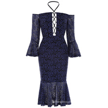Kate Kasin Sexy Womens Off the shoulder Lace Hips-Wrapped Mermaid Navy Blue Bodycon Pencil Dress KK001050-1